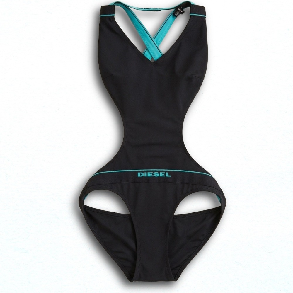 Diesel Womens Monokini One Piece Swimsuit Black Turquoise Cutout Logo Size M
